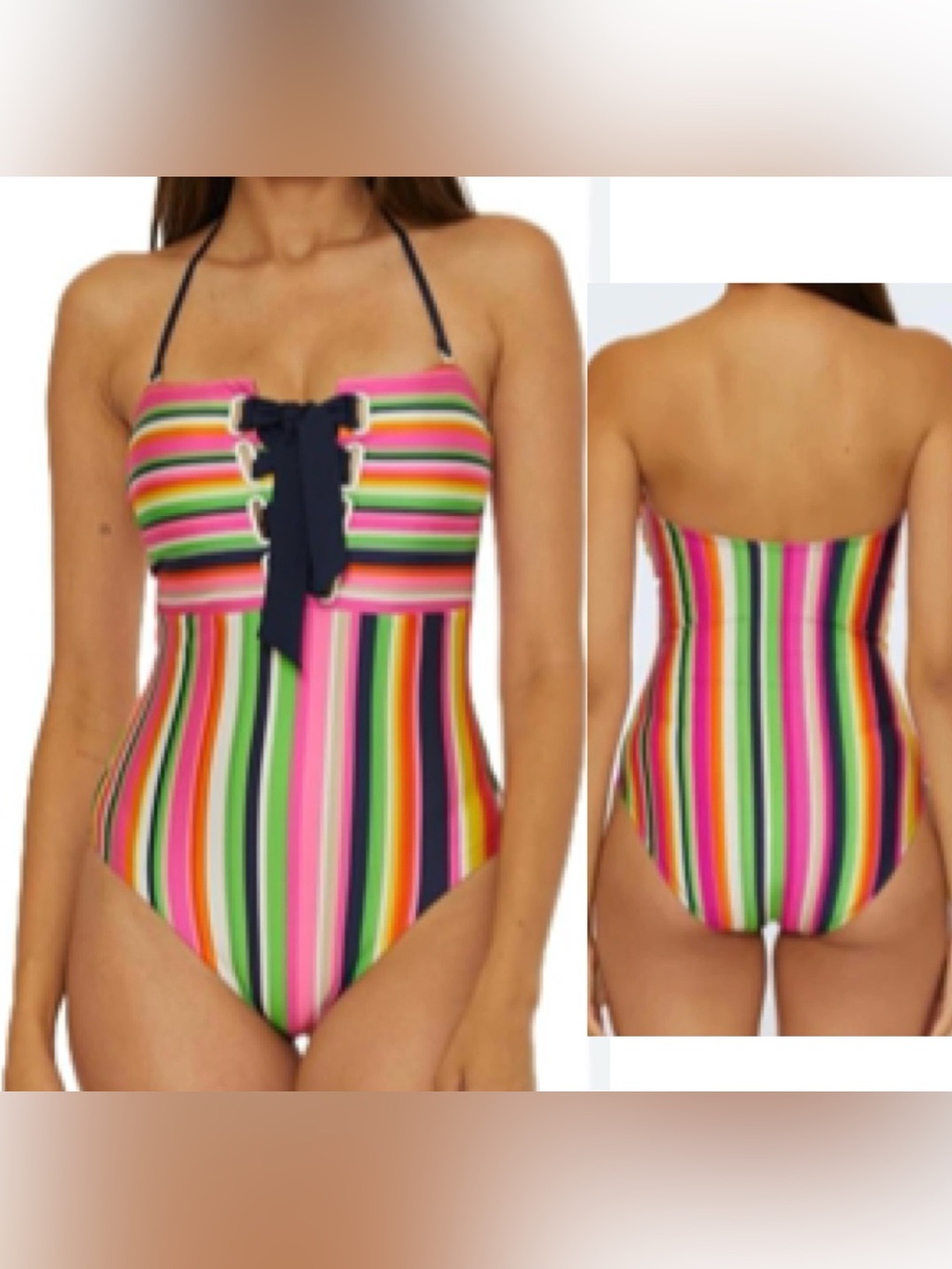 TRINA TURK Anniversary Stripe Bandeau One-Piece Swimsuit 14 Lace Up Tie Front